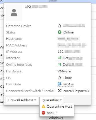 Details zu einem Netzwerkteilnehmer mit Möglichkeit zur einfachen Blockierung des Netzwerkzugriffs über eine FortiGate Firewall